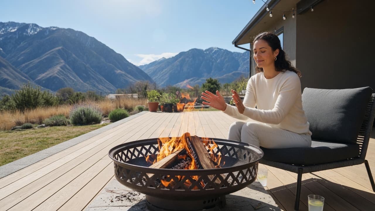 Member warming her hands by a fire pit with mountains behind her